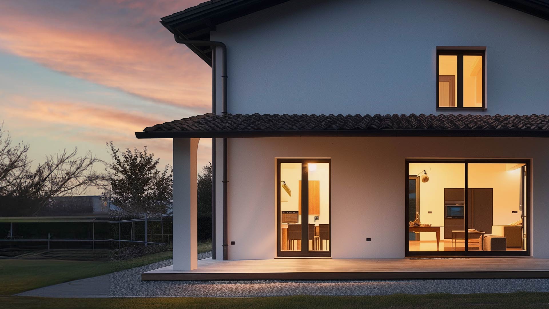 Esterno di una villa moderna al tramonto con ampie vetrate scorrevoli in alluminio Schulz Astra illuminate dall'interno.