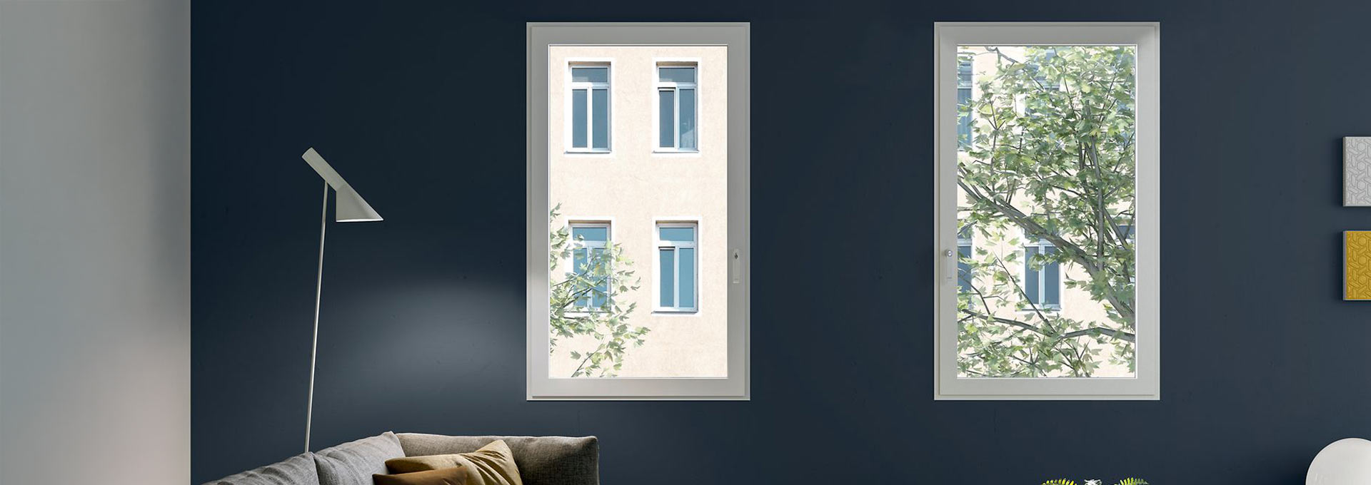 Design minimale Schüco: profili in alluminio per interni moderni Esempio di installazione finestre Schüco in alluminio con profili sottili su una parete blu scuro, design minimale e massima luce naturale.