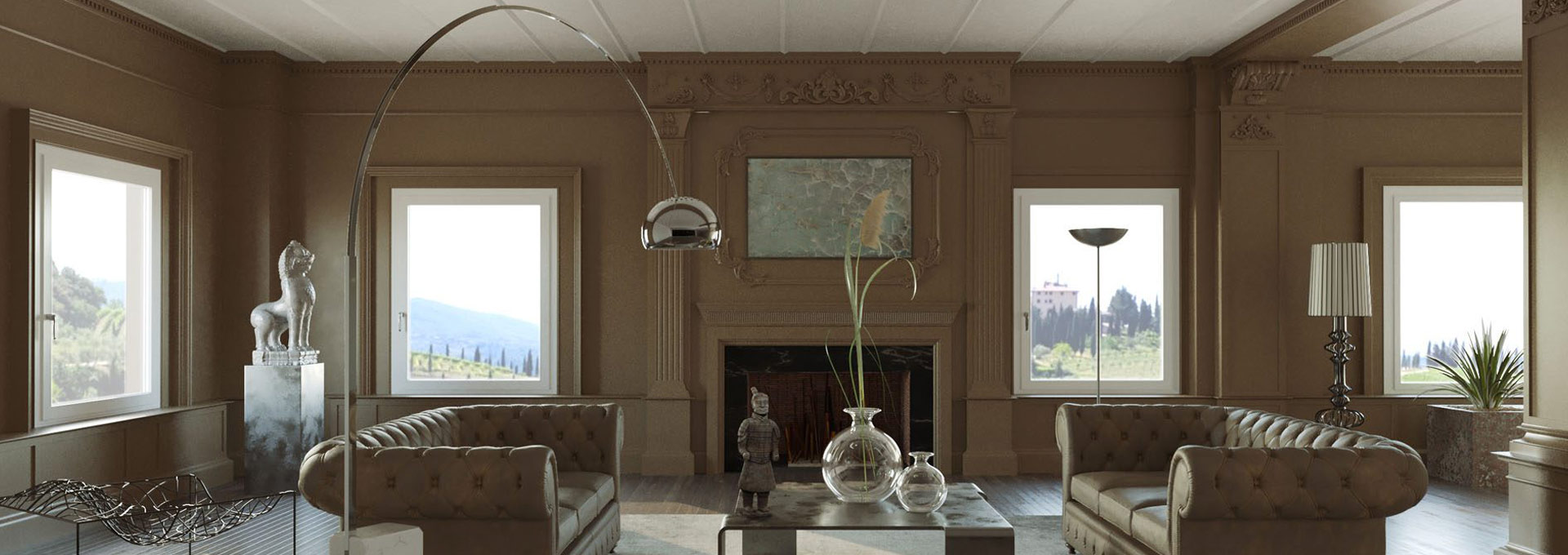 Versatilità Schüco: finestre in PVC per contesti classici e di pregio Finestre Schüco in PVC bianco con finiture classiche installate in un salone elegante con camino e boiserie.