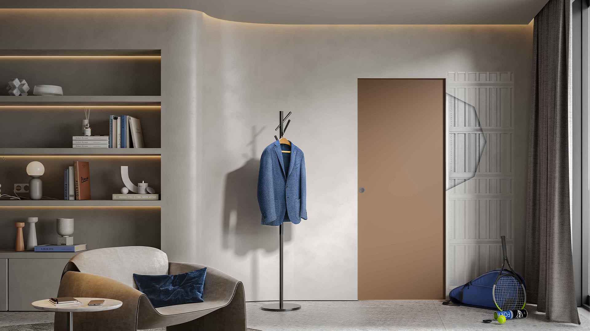 Ambiente moderno con porta scorrevole a scomparsa color terra opaco. Un dettaglio grafico a spaccato rivela il controtelaio metallico per porte a scrigno nascosto all'interno della parete.