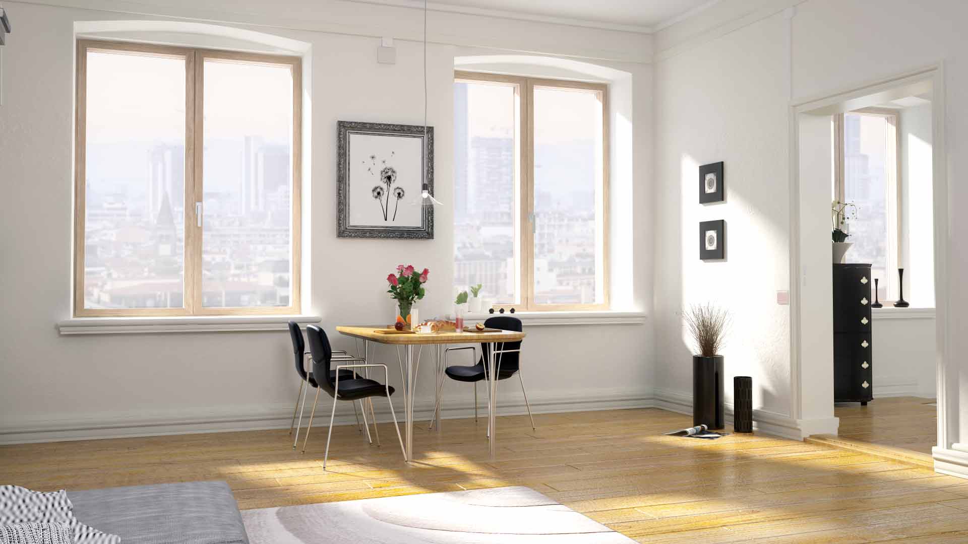 Coppia di finestre a battente in PVC effetto legno chiaro installate in un soggiorno moderno con tavolo da pranzo e vista sulla città.