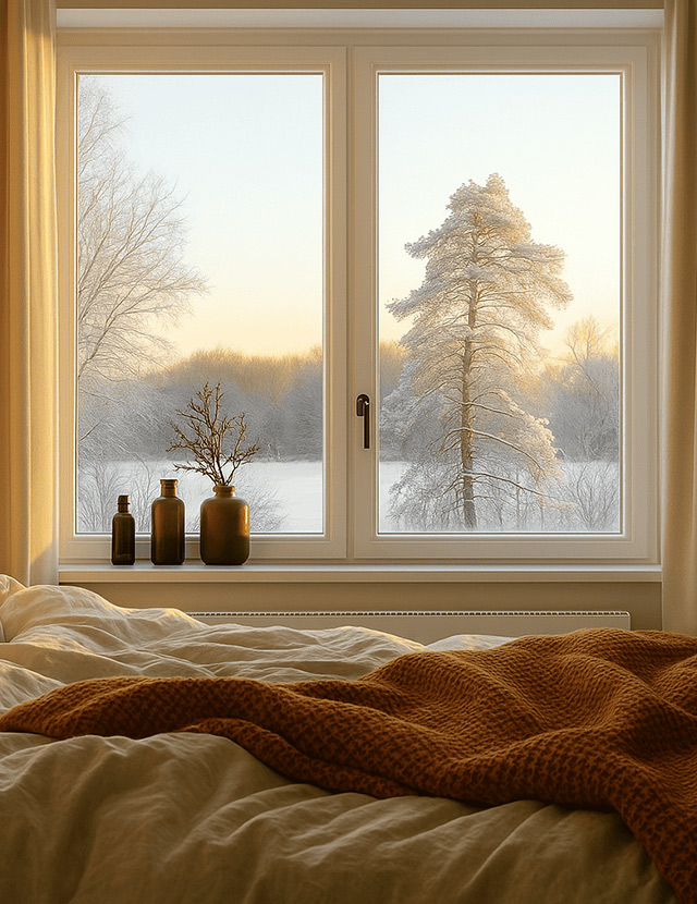 Camera da letto accogliente inquadrata al tramonto, con una finestra in PVC bianco Exentia che offre un elevato isolamento termico dal paesaggio innevato esterno.