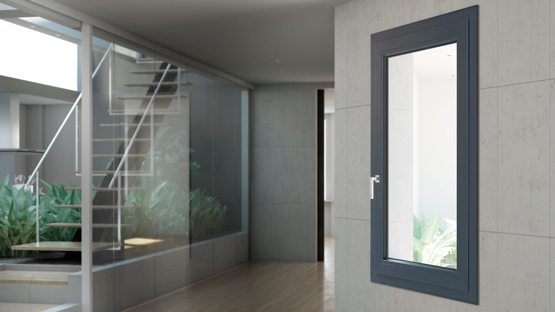 Soggiorno moderno con scala a vista e una robusta finestra di sicurezza in PVC grigio antracite Sekur, che nasconde la tecnologia antieffrazione in un design elegante.
