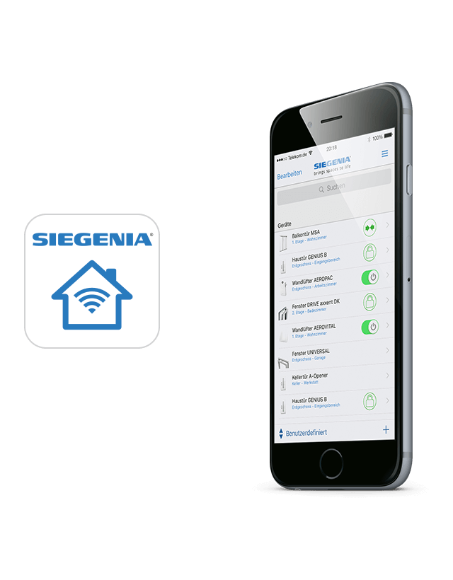 Schermata dell'applicazione per smartphone Siegenia per il controllo domotico da remoto degli infissi scorrevoli motorizzati.