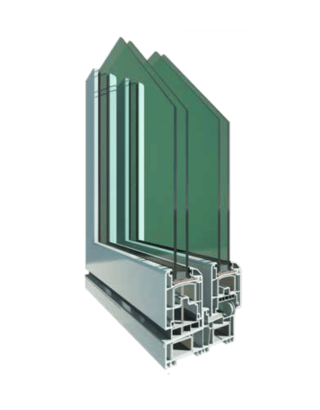 Spaccato tecnico in 3D del profilo scorrevole in PVC Smoovio, che mette in evidenza le camere interne isolanti, le guarnizioni e il triplo vetro.