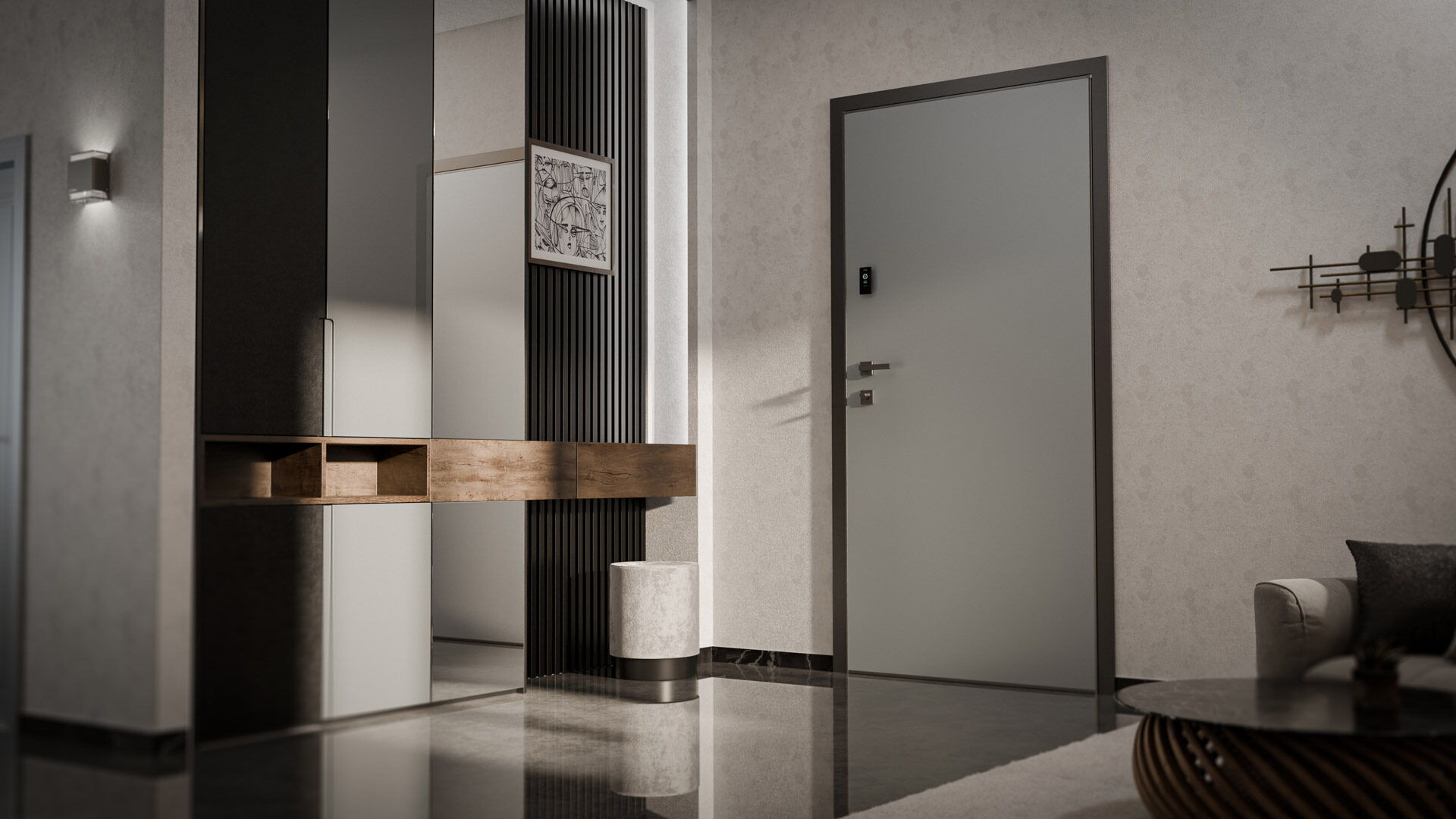 Elegante ingresso moderno con pavimento lucido e una porta dal design minimale grigio opaco, dotata di serratura smart elettronica integrata.