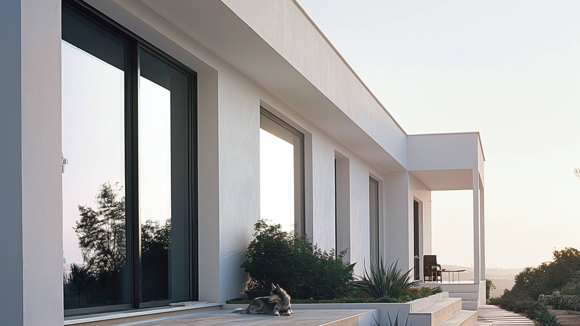 Esterno di una villa moderna intonacata di bianco con ampie vetrate scorrevoli in alluminio Astra Slide scuro che riflettono il paesaggio circostante.