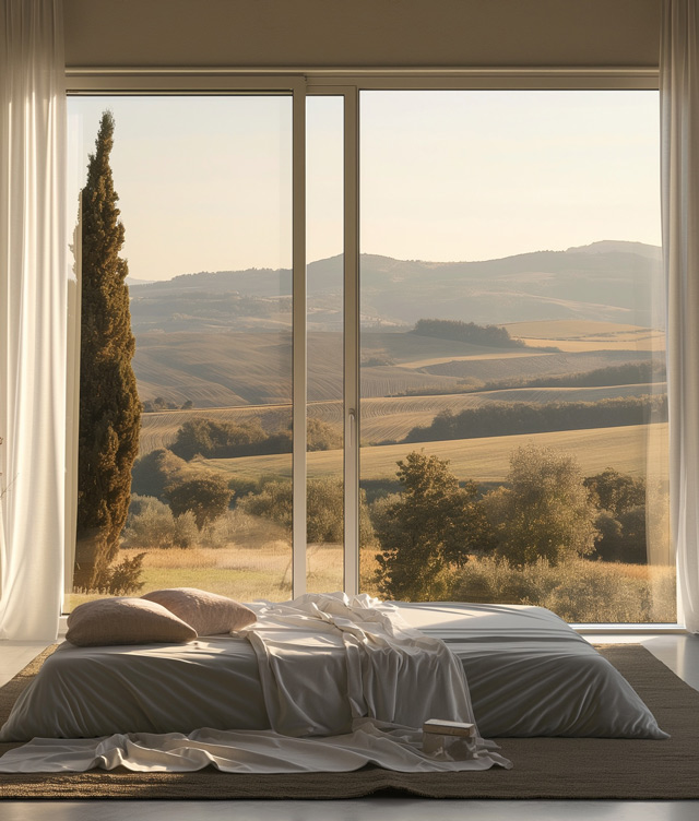 Camera da letto minimalista con letto a terra e grande vetrata scorrevole Astra Slide in alluminio chiaro, con vista panoramica su colline e campagna al tramonto.