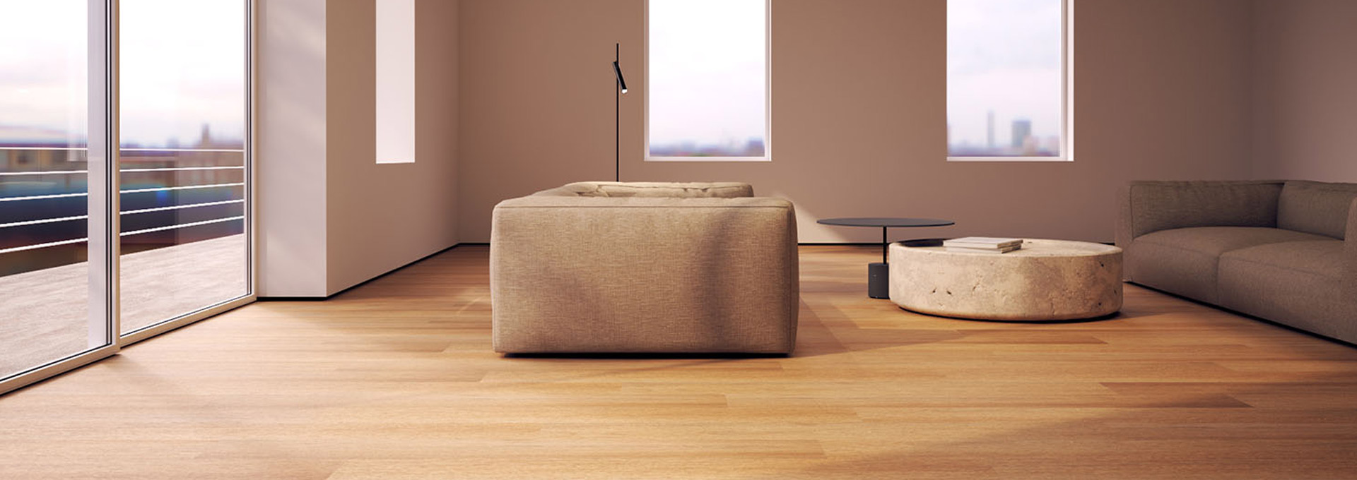 Pavimenti in legno e parquet Déco: eleganza e ampiezza per la tua casa Ampio soggiorno minimalista e luminoso con pavimento in parquet Déco a plance lunghe in rovere naturale.