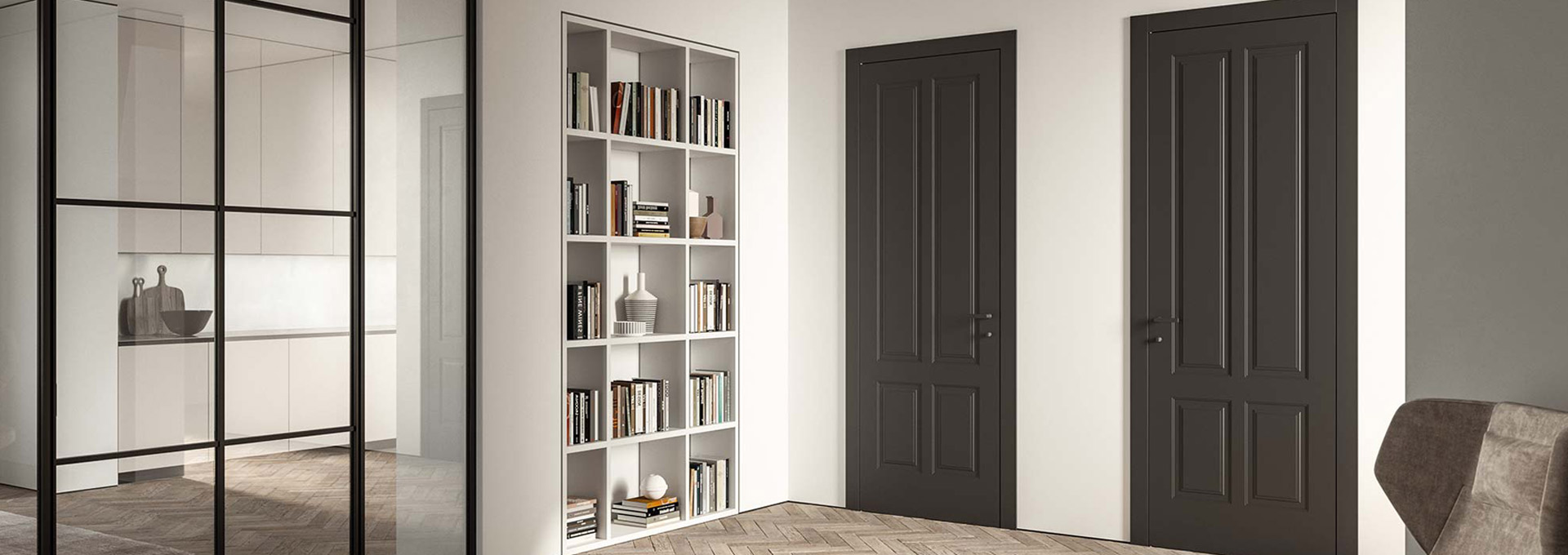 Porte e Boiserie DoorArreda Roma: l'arte del filomuro mimetico Porta interna filomuro DoorArreda in legno chiaro, perfettamente mimetizzata all'interno di una parete attrezzata con boiserie cannettata tono su tono.