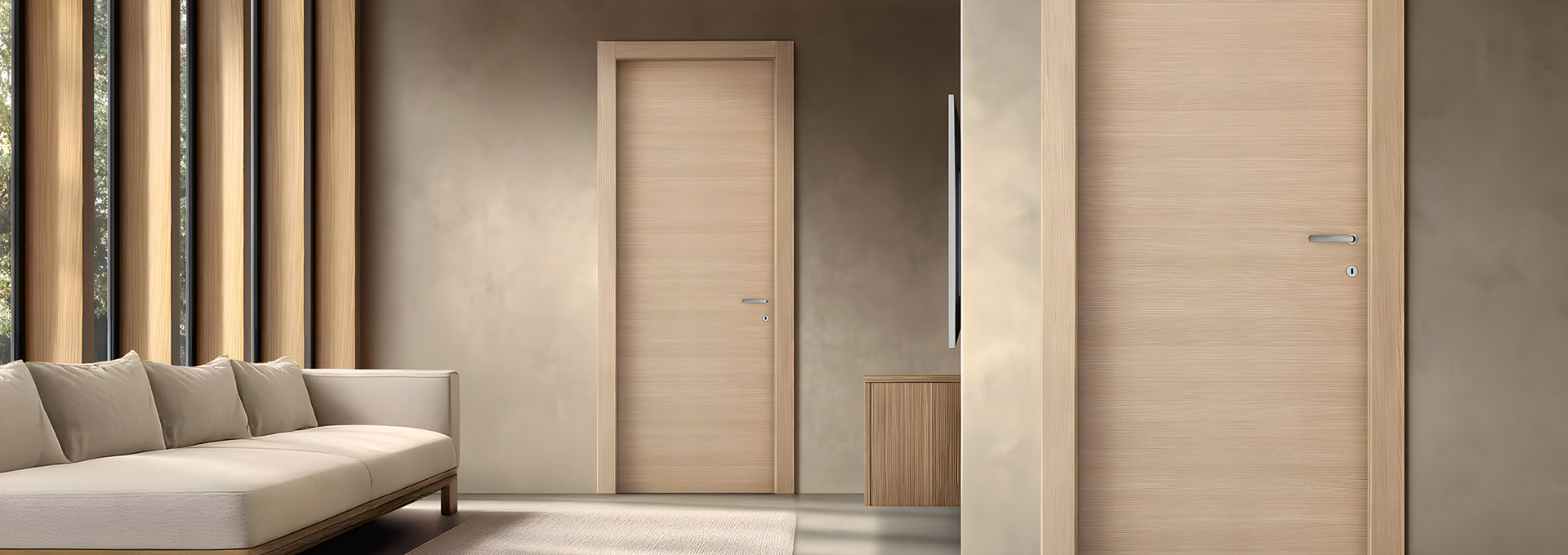 Porte in legno GD Dorigo: eleganza minimale e calore naturale Porta battente GD Dorigo in essenza legno chiaro dal design essenziale, perfettamente integrata in un soggiorno luminoso dai toni caldi e naturali.
