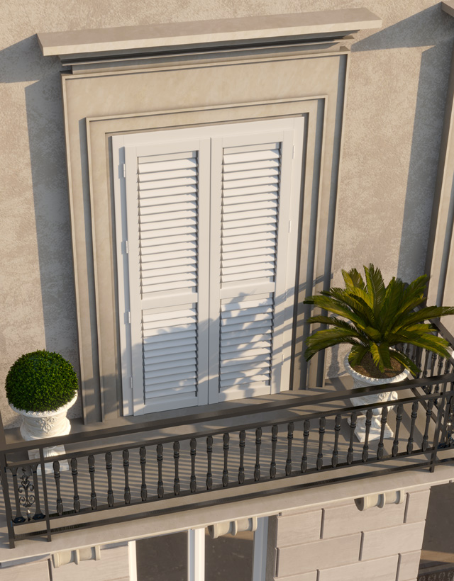 Dettaglio di eleganti persiane a cardine laccate di bianco dal design classico, inserite all'interno di una raffinata cornice architettonica su un balcone signorile illuminato dal sole.