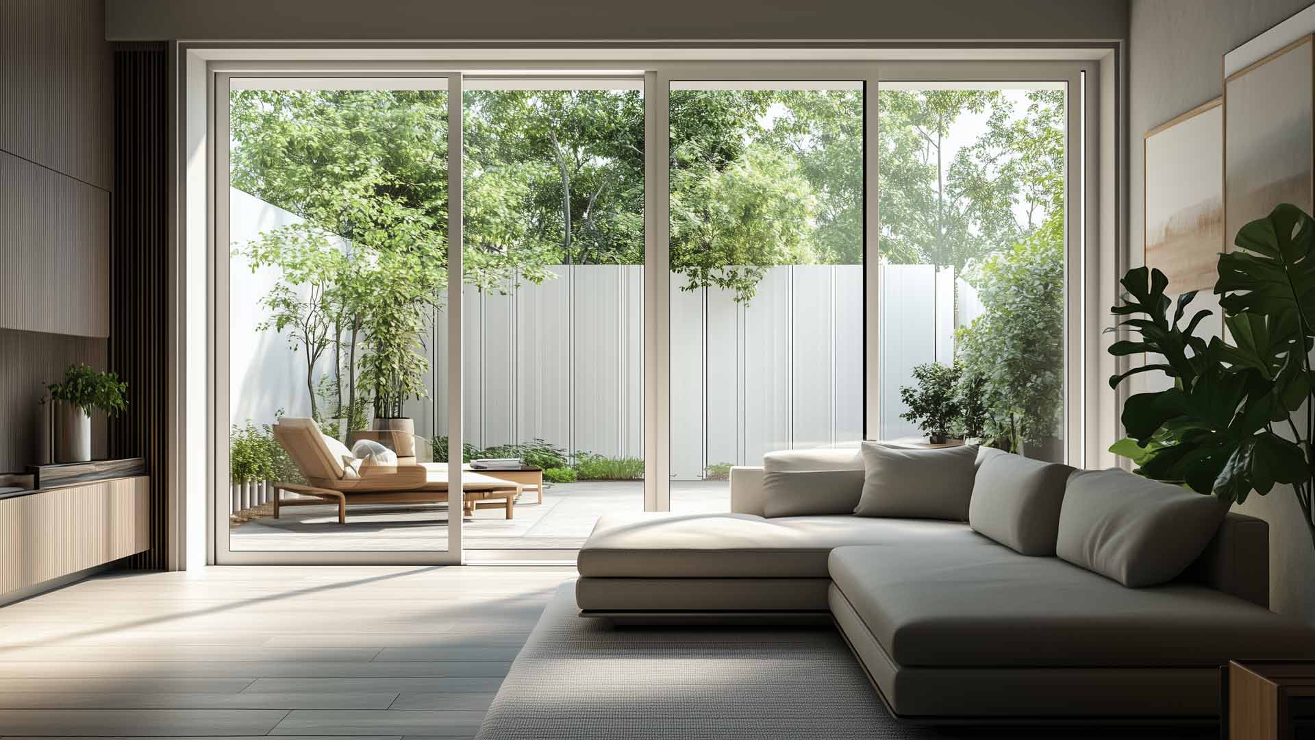 Salotto moderno e luminoso di una villa a Roma, caratterizzato da un'ampia vetrata scorrevole panoramica in alluminio che offre una vista continua sul giardino privato.