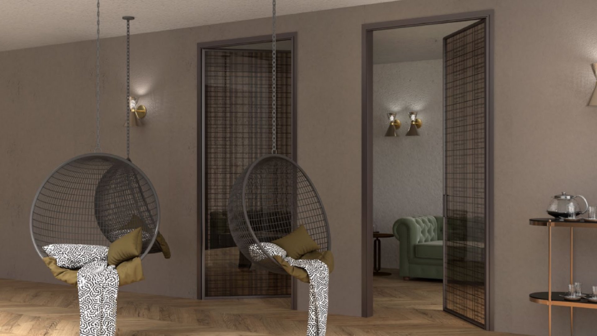 Ambiente moderno ed elegante con poltrone sospese e due porte d'interno in vetro di design con trama metallica.