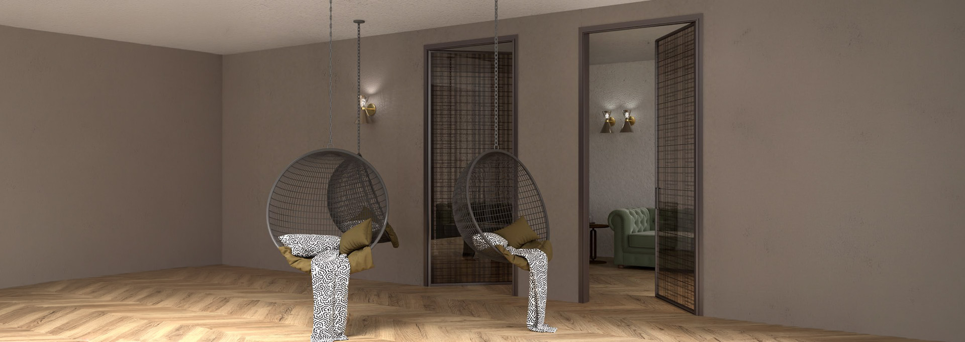 Porte in vetro Agoprofil: trasparenza e design per i tuoi spazi Esempio di porte Agoprofil intelaiate con vetro fumé in un living moderno con parquet a spina d'ungheria e poltrone sospese.