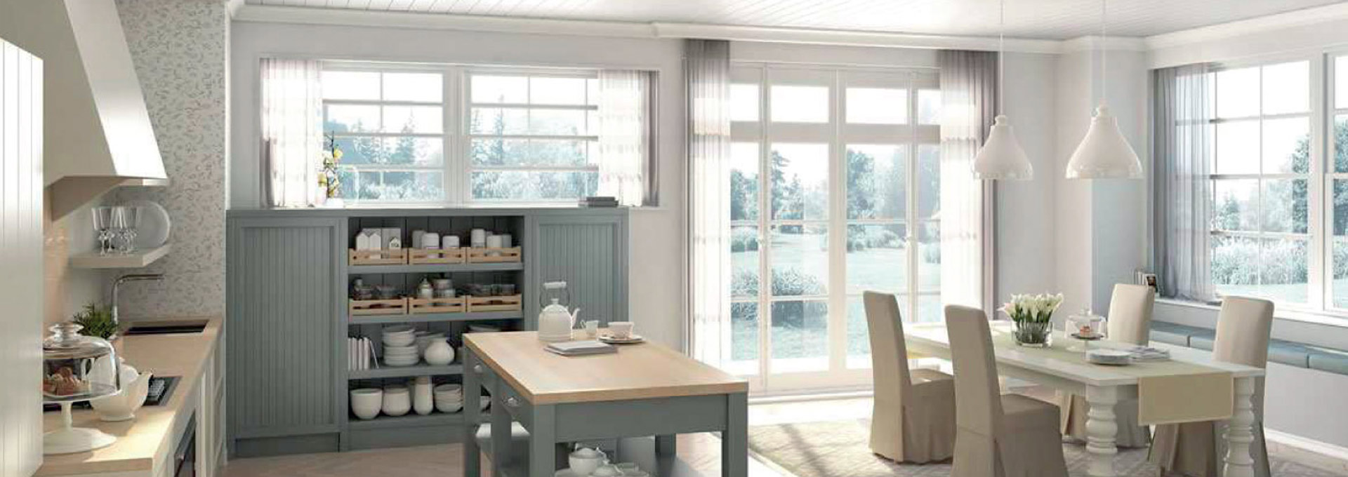 Finestre DMR in stile classico: eleganza senza tempo e posa qualificata Cucina in stile classico con finestre e porte-finestre DMR in legno bianco dotate di inglesine, perfette per restauri e case eleganti.