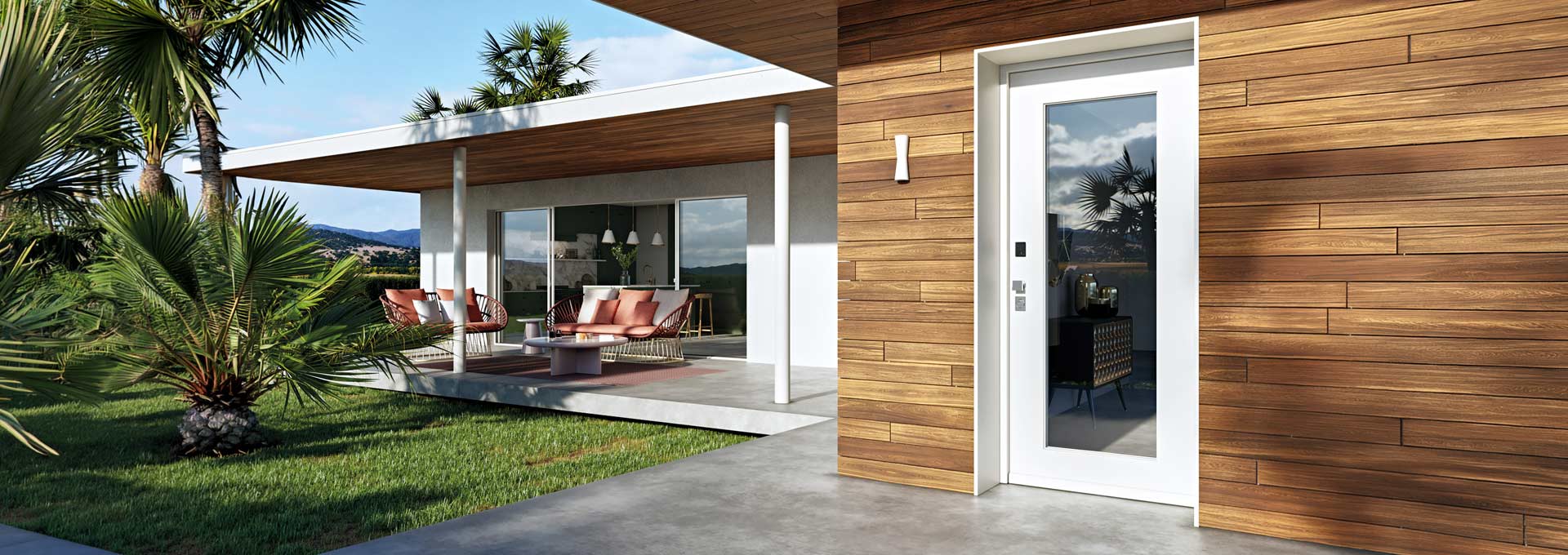 Portoni blindati Okey a Roma: sicurezza e luminosità Portone blindato Okey in bianco opaco con inserto in vetro antisfondamento, installato in una villa moderna con rivestimento in legno.
