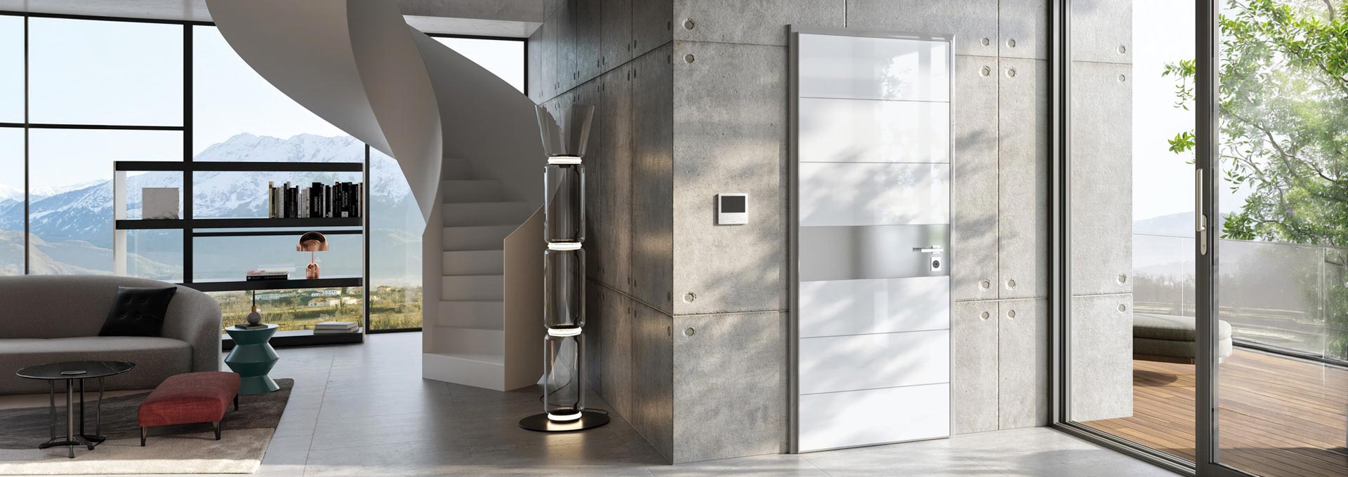 Design e protezione Okey: porte blindate per appartamenti moderni Esempio di porta blindata Okey bianca con inserti orizzontali in acciaio, installata in un ambiente contemporaneo con scala a chiocciola.