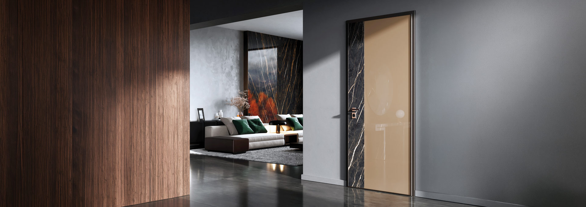 Okey Luxury: porte blindate esclusive e personalizzabili a Roma Portone blindato Okey di lusso con pannello decorativo effetto marmo nero e finiture color oro, ideale per ingressi prestigiosi.